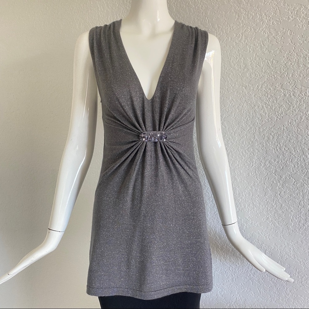Autumn Cashmere gray silver lurex cashmere silk v neck gathered front sweater